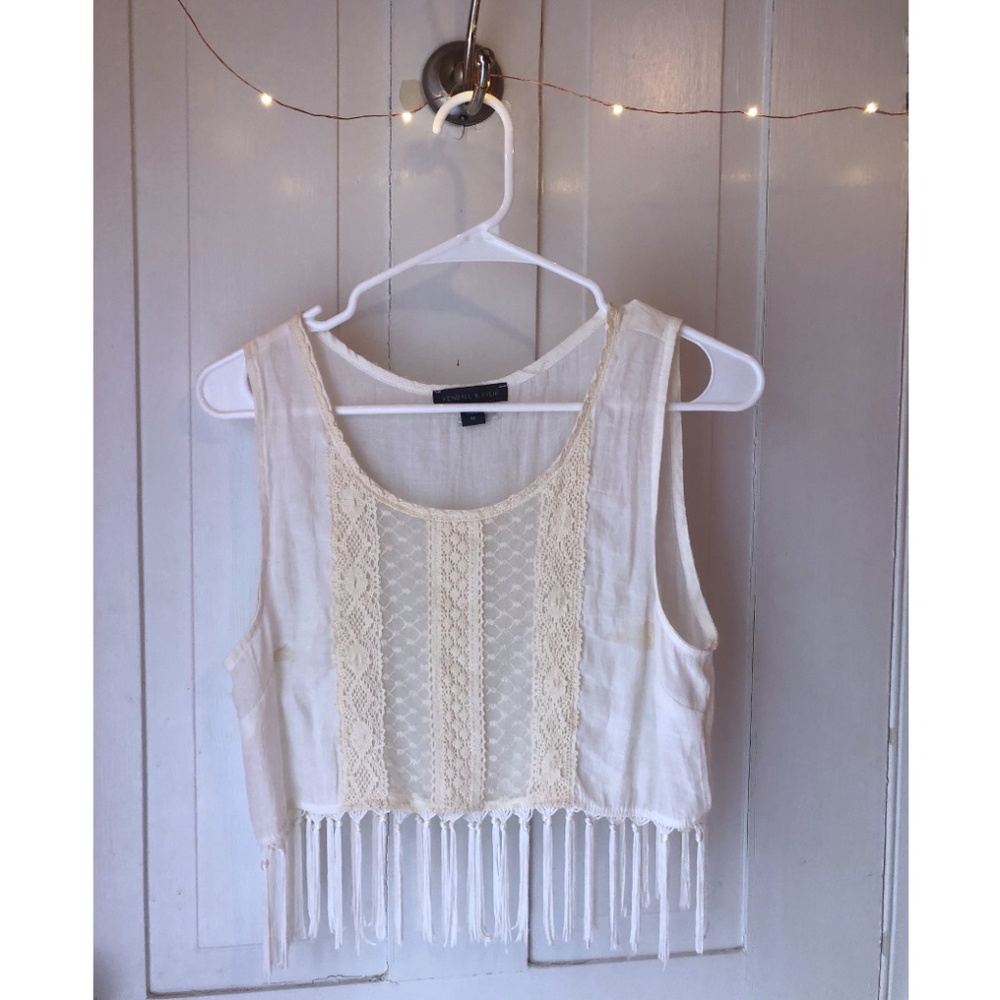 Cute Boho Fringe White Lace/Sheer Crop Top